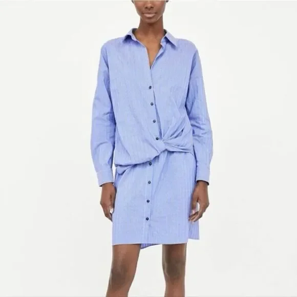 Zara Small Shirt Dress Button Front Blue Stripe Twist Front Long sleeve - Picture 2 of 11